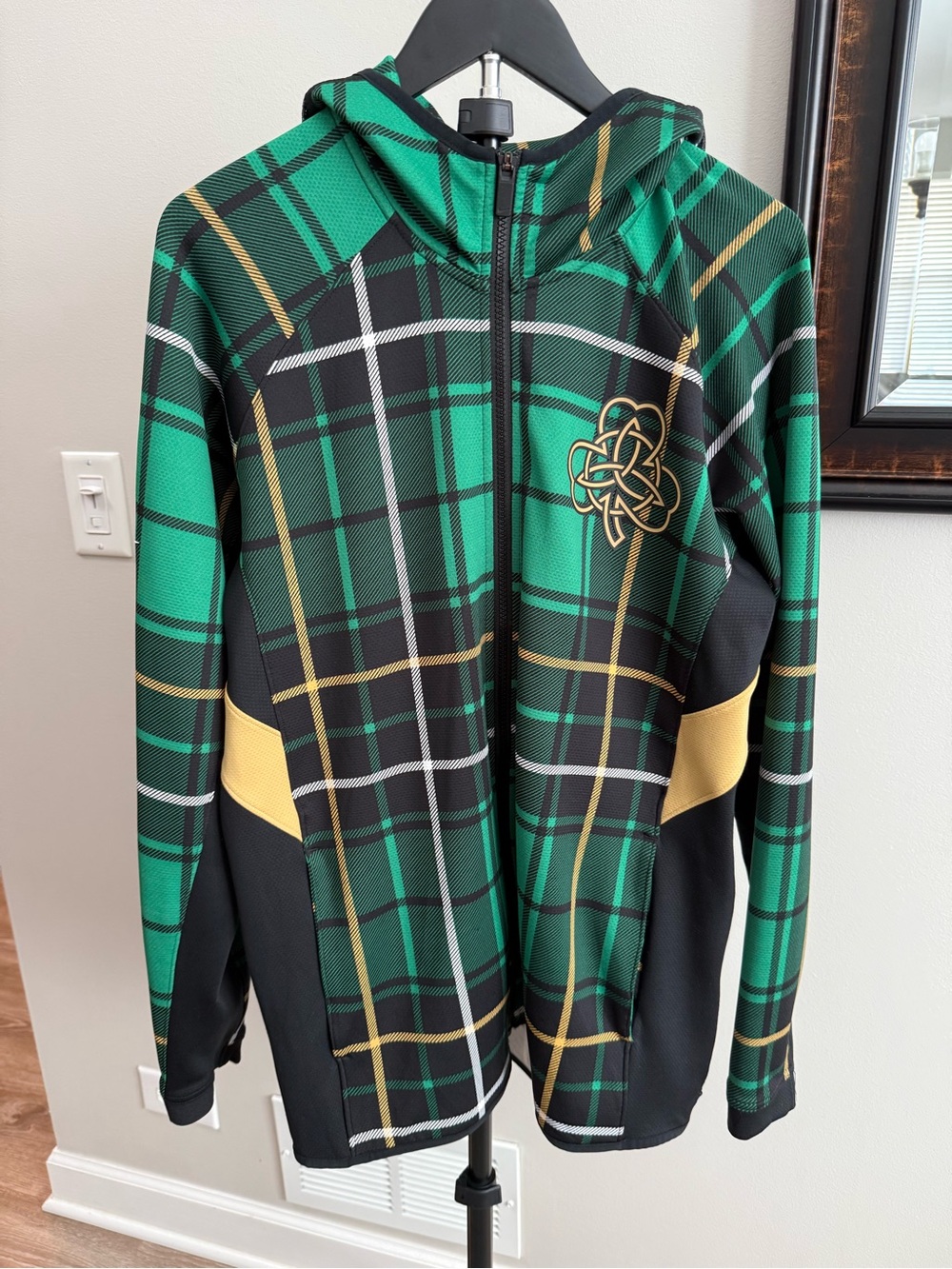 Nike Green Plaid Hooded Windbreaker with Gold Accents